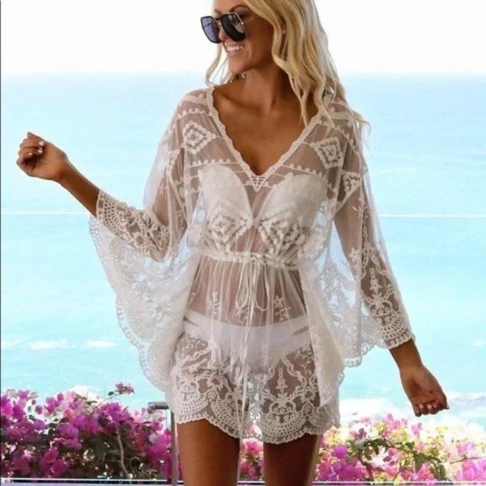Boho Resort Beach Surf Sun Goddess Sexy Swim Short Dress Cover Up White B0700